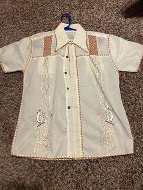 Vintage 60s Hand Crafted Sheer Embroidered Guayabera Style Shirt with Peacock De